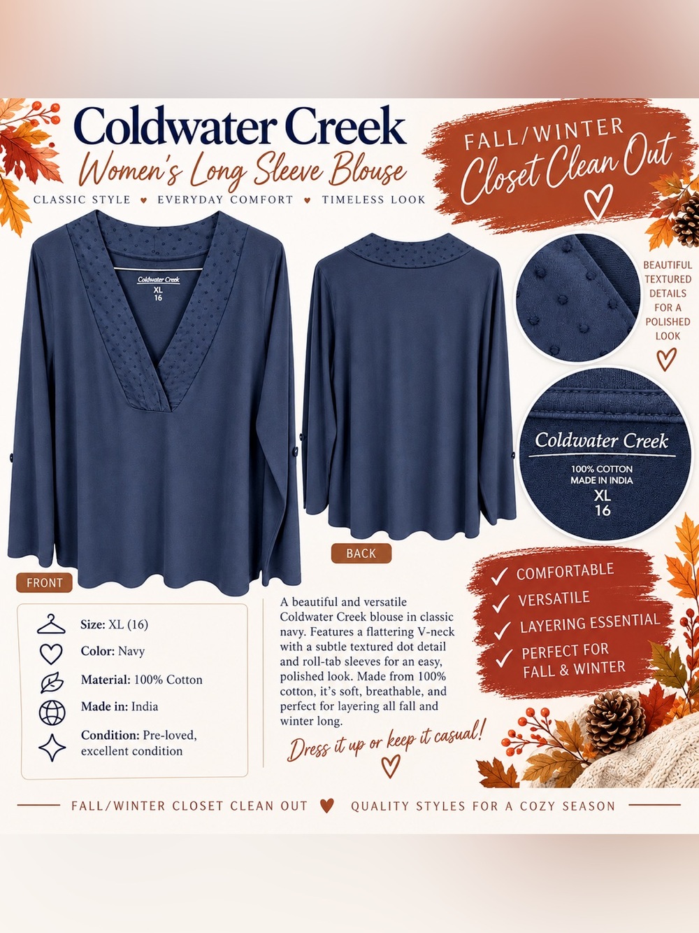 Coldwater Creek Navy V-Neck Long Sleeve Blouse